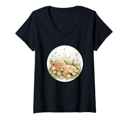 Damen Süßer Bär in hübschen Blumen für Sommer- und Gänseblümchenliebhaber T-Shirt mit V-Ausschnitt von Daisy Bear