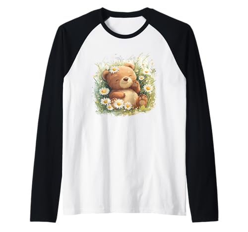 Süßer Bär auf Gänseblümchenwiese für Erwachsene und Kinder Raglan von Daisy Bear