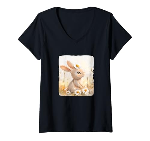 Damen Hübsches Gänseblümchenwiesen-Kostüm mit süßem Häschenkostüm T-Shirt mit V-Ausschnitt von Daisy Bunny