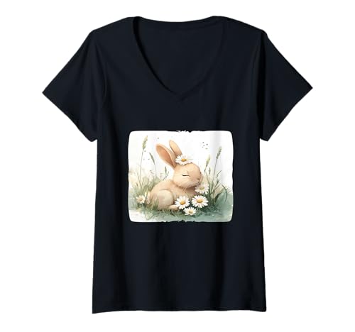 Damen Schönes Gänseblümchen-Kostüm mit Häschen auf Sommerwiese T-Shirt mit V-Ausschnitt von Daisy Bunny