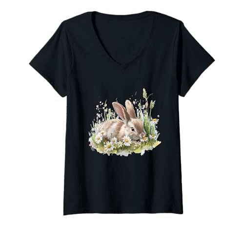 Damen Süße Gänseblümchen mit Häschen für Wiesen- und Kaninchenliebhaber T-Shirt mit V-Ausschnitt Damen Süße Gänseblümchen mit Häschen für Wiesen- und Kaninchenliebhaber T-Shirt mit V-Ausschnitt von Daisy Bunny