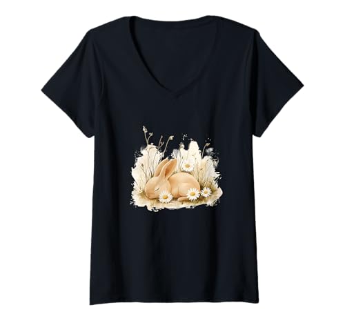 Damen Süße Sommerwiese mit Gänseblümchen und Häschen Kostüm T-Shirt mit V-Ausschnitt von Daisy Bunny