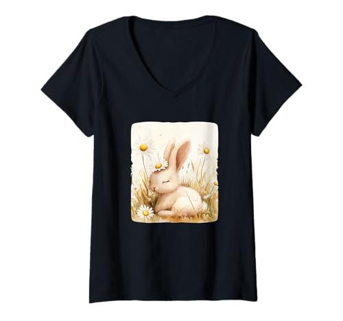 Damen Tolle Gänseblümchen Wiese mit süßem Häschen für Jungen und Mädchen T-Shirt mit V-Ausschnitt von Daisy Bunny