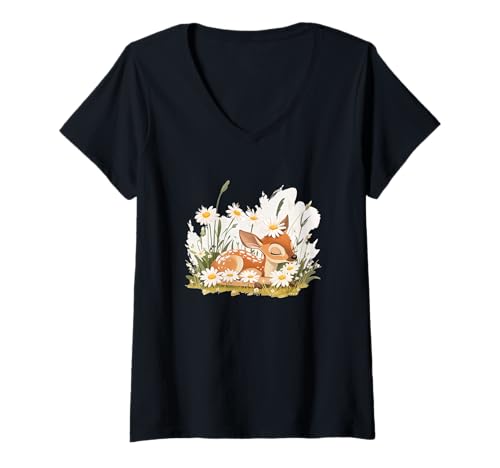 Damen Süßes REH auf Gänseblümchenwiese T-Shirt mit V-Ausschnitt von Daisy Deer Outfit