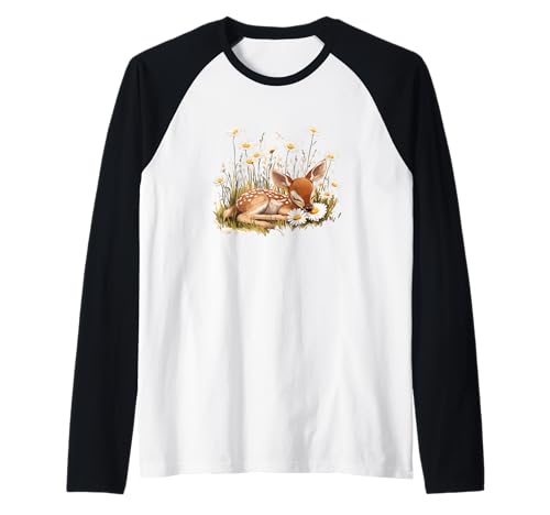 Hirsch auf Sommerwiese mit Gänseblümchen für Erwachsene und Kinder Raglan von Daisy Deer Outfit