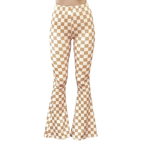 Daisy Del Sol Hohe Taille Gypsy Bequeme Yoga Ethnische Tribal Stretch Palazzo 70er Jahre Bell Bottom Fit zu Schlaghosen, Hellbraunes Schachbrett, S von Daisy Del Sol