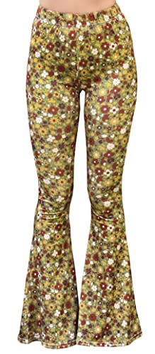 Daisy Del Sol Hohe Taille Gypsy Bequeme Yoga Ethnische Tribal Stretch Palazzo 70er Jahre Bell Bottom Fit zu Schlaghosen, Olive Floral, XS von Daisy Del Sol