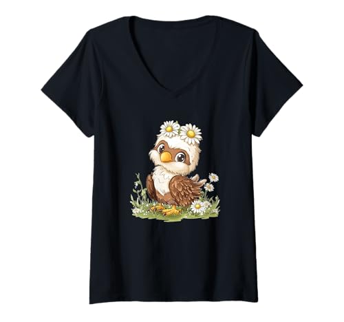 Damen Toller Adler mit Blumen und Federn T-Shirt mit V-Ausschnitt Damen Toller Adler mit Blumen und Federn T-Shirt mit V-Ausschnitt von Daisy Eagle