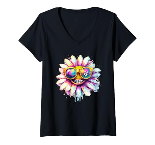 Damen Buntes Gänseblümchen-Kostüm mit lustigen Farbtönen für Mann und Frau T-Shirt mit V-Ausschnitt Damen Buntes Gänseblümchen-Kostüm mit lustigen Farbtönen für Mann und Frau T-Shirt mit V-Ausschnitt von Daisy Shades