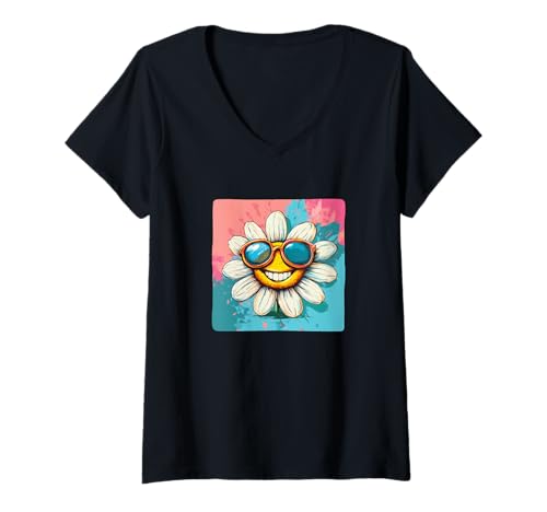 Damen Schöne Farben mit einem Gänseblümchen in Schattierungen Kostüm T-Shirt mit V-Ausschnitt von Daisy Shades