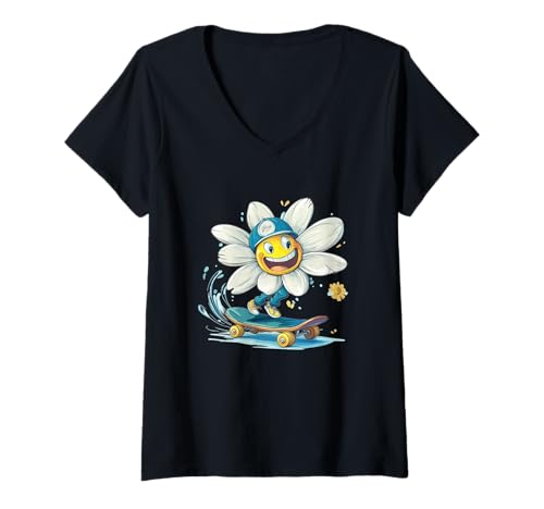 Damen Lächelnde Gänseblümchen mit Skateboard und Spaß T-Shirt mit V-Ausschnitt von Daisy Skateboard Outfit
