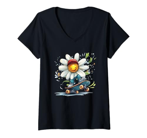 Damen Sweet Daisy mit Skateboard für Blühzeit T-Shirt mit V-Ausschnitt Damen Sweet Daisy mit Skateboard für Blühzeit T-Shirt mit V-Ausschnitt von Daisy Skateboard Outfit
