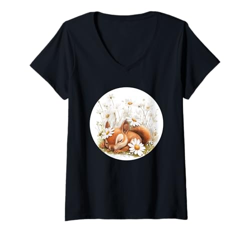 Damen Süßes Eichhörnchen in Gänseblümchen Wiese Kostüm T-Shirt mit V-Ausschnitt Damen Süßes Eichhörnchen in Gänseblümchen Wiese Kostüm T-Shirt mit V-Ausschnitt von Daisy Squirrel