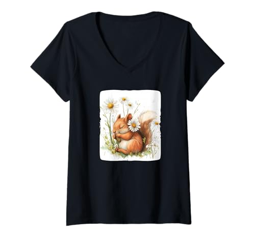 Damen Süßes schläfriges Eichhörnchen mit Gänseblümchen in der Sommersaison der Wiese T-Shirt mit V-Ausschnitt Damen Süßes schläfriges Eichhörnchen mit Gänseblümchen in der Sommersaison der Wiese T-Shirt mit V-Ausschnitt von Daisy Squirrel