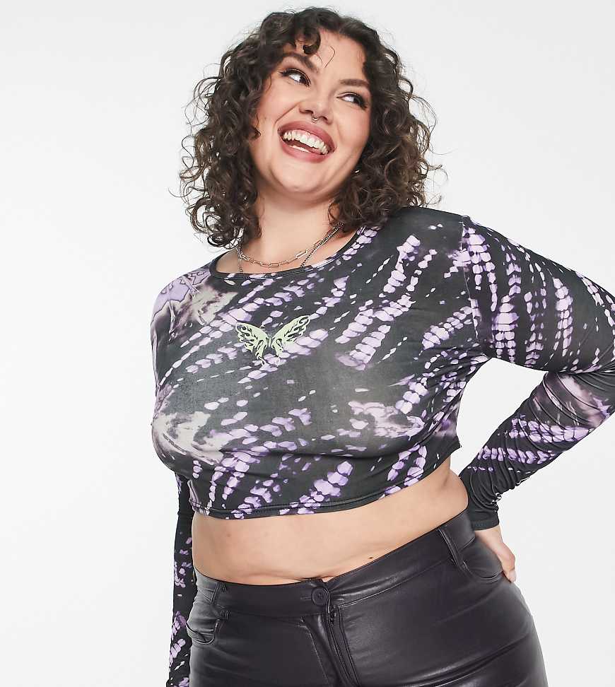 Daisy Street Plus - Langärmliges, kurzes Oberteil im Grunge-Stil mit Batikmuster und Schmetterling-Print-Bunt von Daisy Street Plus