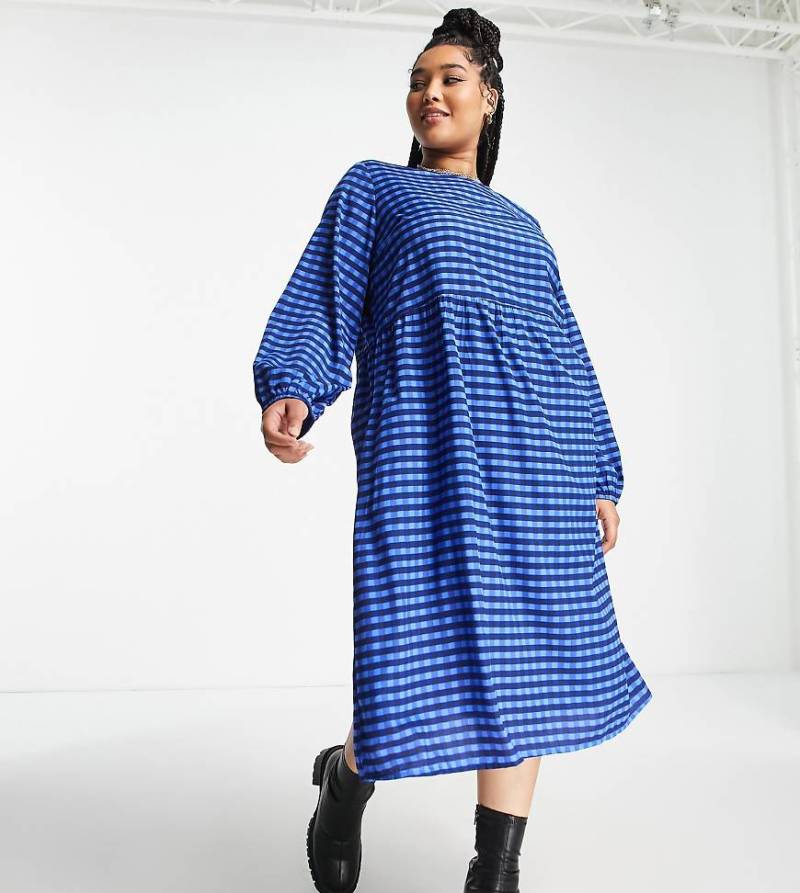 Daisy Street Plus - Langärmliges Hängerkleid mit hellblauem Karomuster von Daisy Street Plus