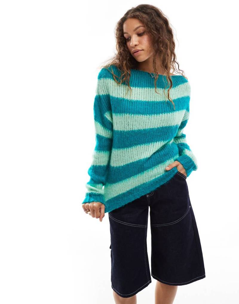 Daisy Street - Angerauter Strickpullover mit breiten Streifen in abgestimmten Grüntönen von Daisy Street
