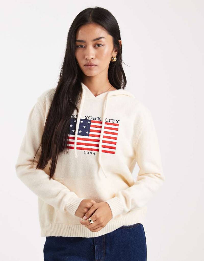 Daisy Street - Breit gerippter Kapuzenpullover in Creme mit Flaggen-Applikation und Stickerei-Weiß von Daisy Street