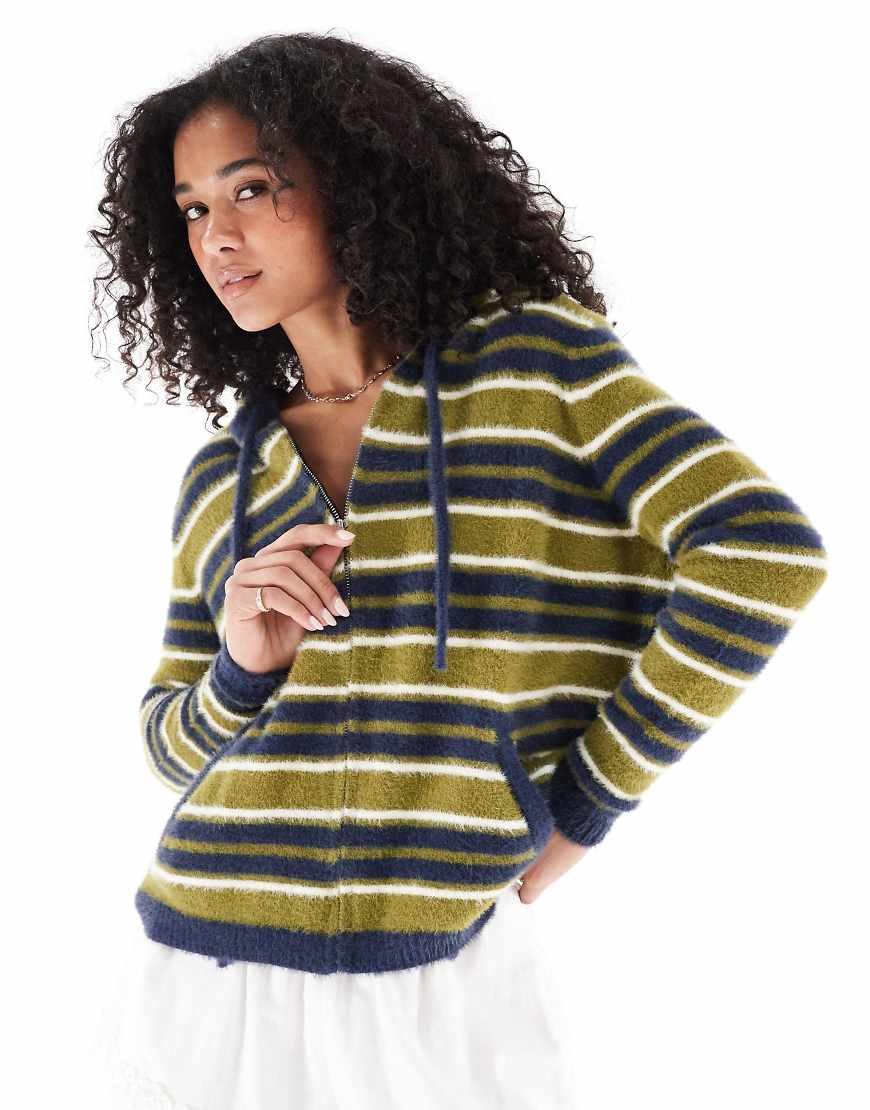 Daisy Street - Flauschiger Strickpullover in Marineblau und Olivgrün gestreift mit durchgehendem Reißverschluss und Kapuze-Bunt von Daisy Street