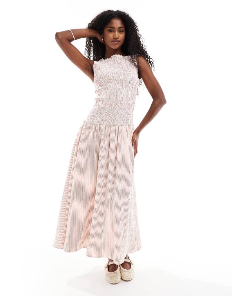 Daisy Street - Gerafftes, wadenlanges Kleid in Rot gestreift mit tiefer Taille von Daisy Street