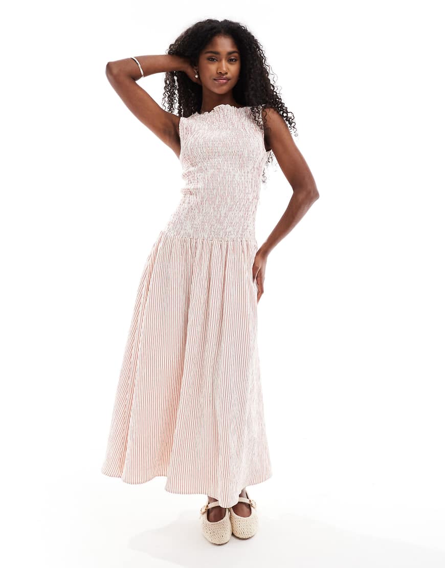 Daisy Street - Gerafftes, wadenlanges Kleid in Rot gestreift mit tiefer Taille von Daisy Street