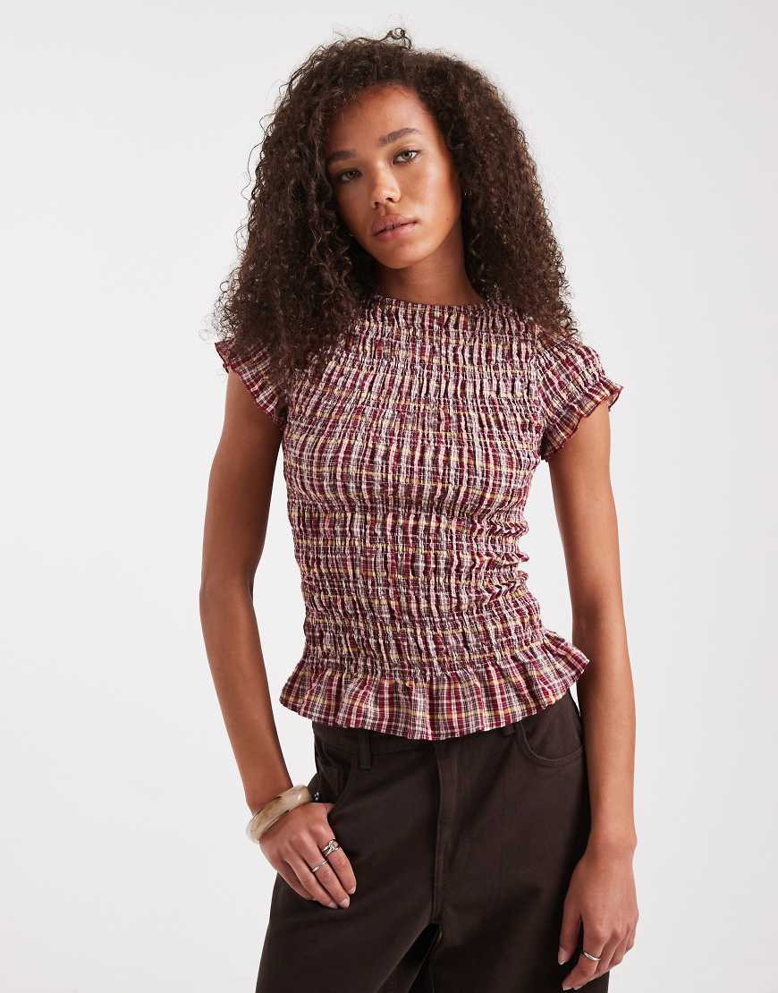 Daisy Street - Gesmoktes, kurzärmliges Oberteil in Rot kariert von Daisy Street