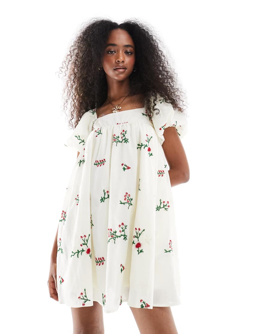 Daisy Street - Gesmoktes Minikleid in Beige mit Stickerei und Puffärmeln-Neutral Daisy Street - Gesmoktes Minikleid in Beige mit Stickerei und Puffärmeln-Neutral von Daisy Street