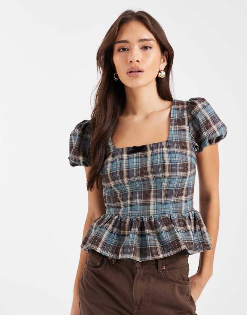 Daisy Street - Karierte Bluse in Blau-Beige mit Rüschentaille und Kappärmeln-Rot von Daisy Street