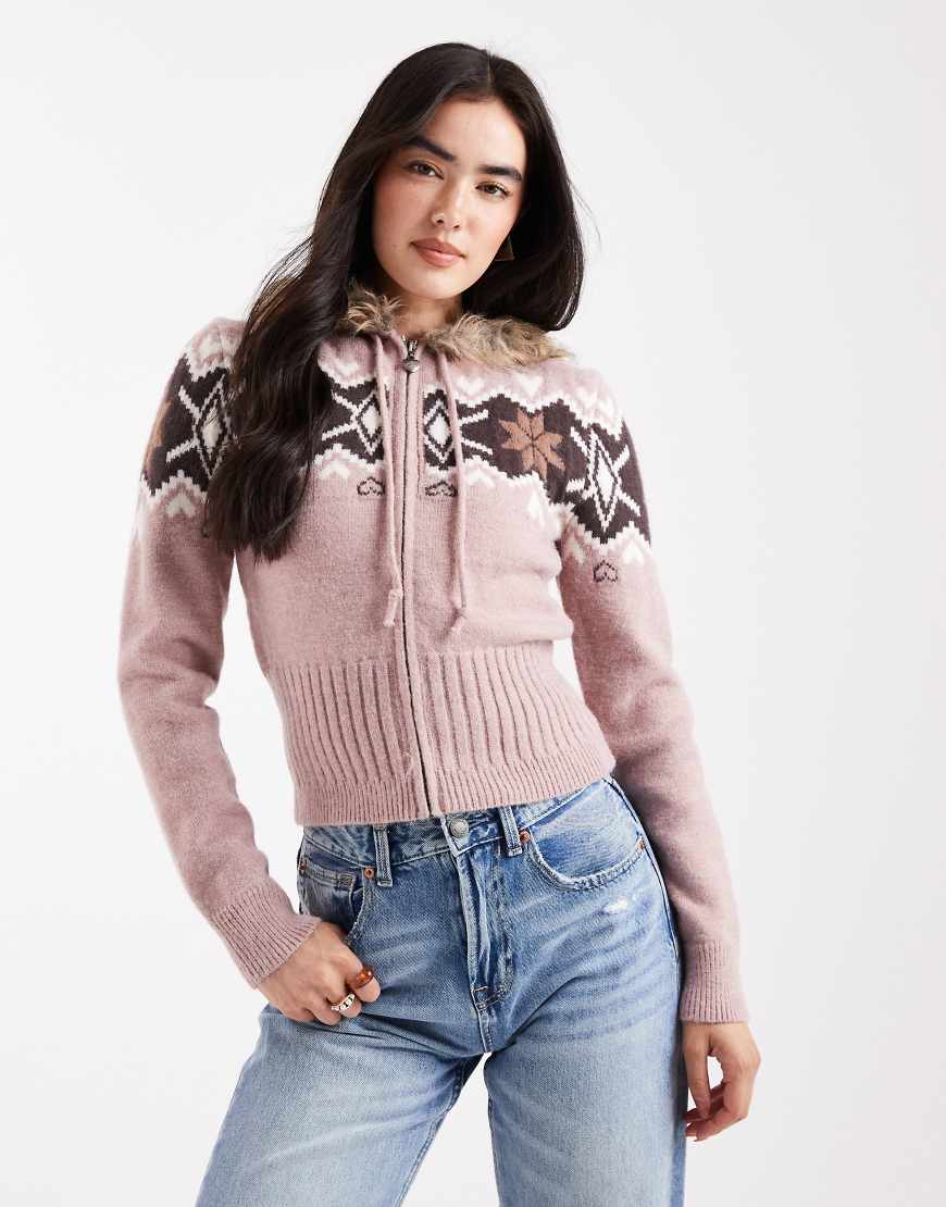 Daisy Street - Kunstpelz-Strickjacke in Altrosa mit Reißverschluss von Daisy Street