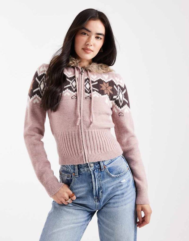 Daisy Street - Kunstpelz-Strickjacke in Altrosa mit Reißverschluss von Daisy Street