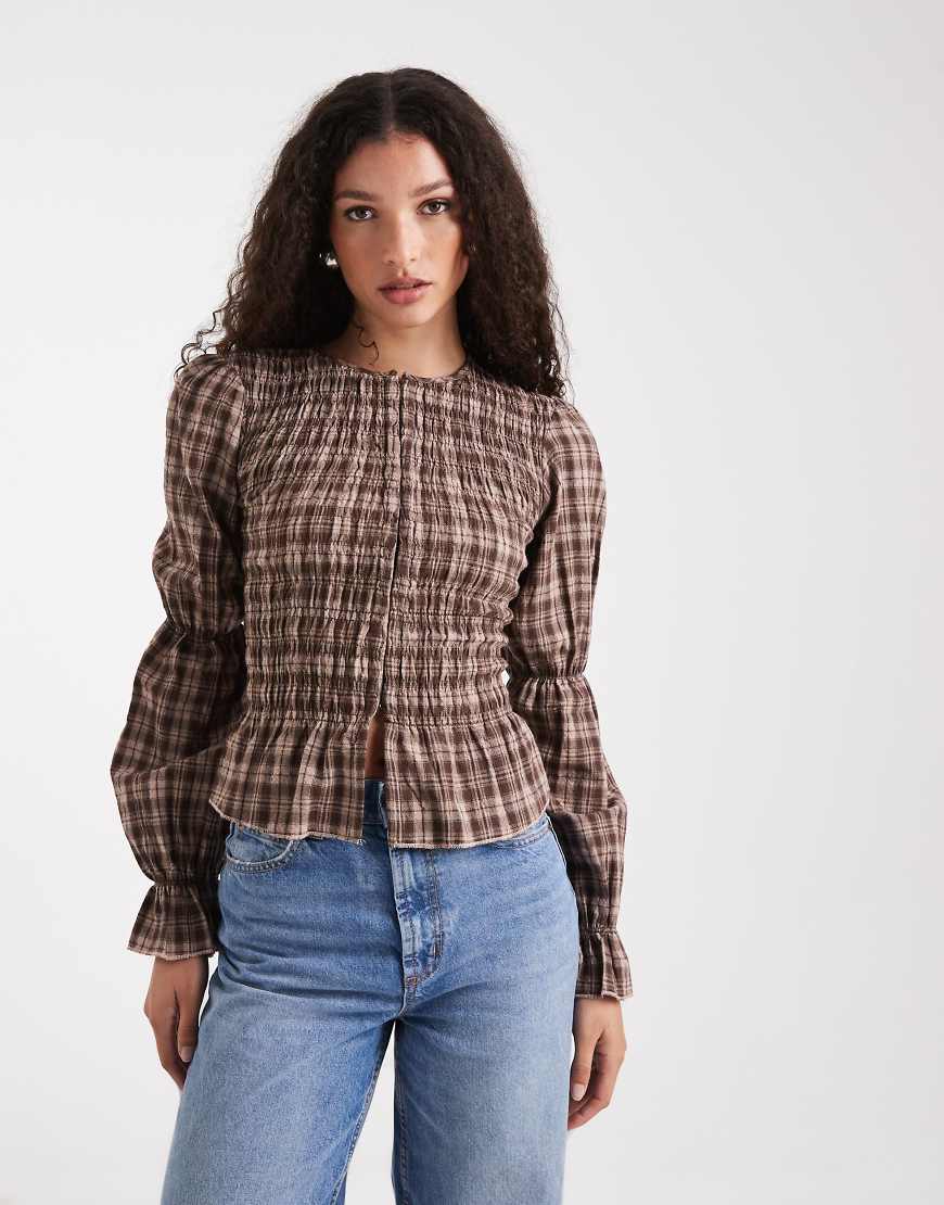 Daisy Street - Langärmlige Bluse in Braun kariert mit gesmoktem Detail-Brown von Daisy Street