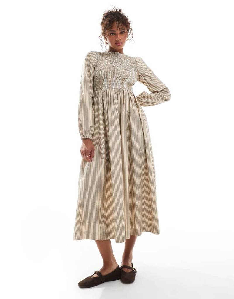 Daisy Street - Langärmliges Midaxi-Kleid in Naturfarben mit Streifen und gesmoktem Oberteil-Neutral von Daisy Street