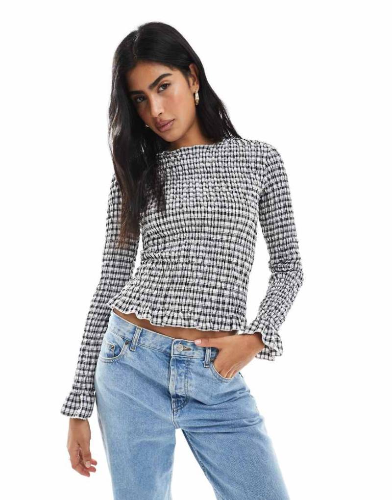 Daisy Street - Langärmliges gesmoktes Oberteil in Schwarz und Creme kariert-Bunt von Daisy Street