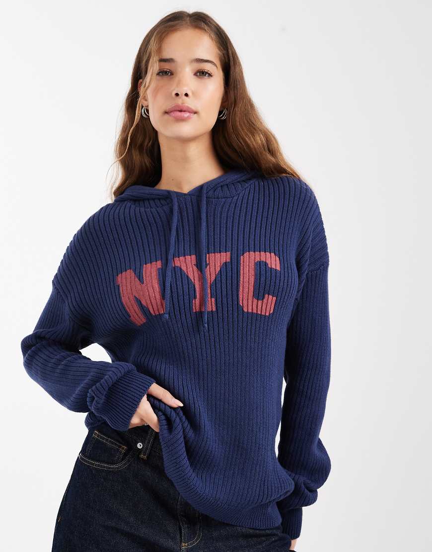 Daisy Street - Lockerer Kapuzenpullover aus Strick in Marineblau mit Grafik Daisy Street - Lockerer Kapuzenpullover aus Strick in Marineblau mit Grafik von Daisy Street