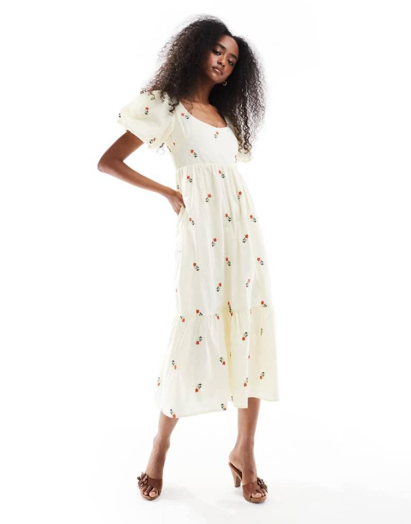 Daisy Street - Maxikleid in Beige mit aufgesticktem Blumenmuster und Puffärmeln-Neutral von Daisy Street