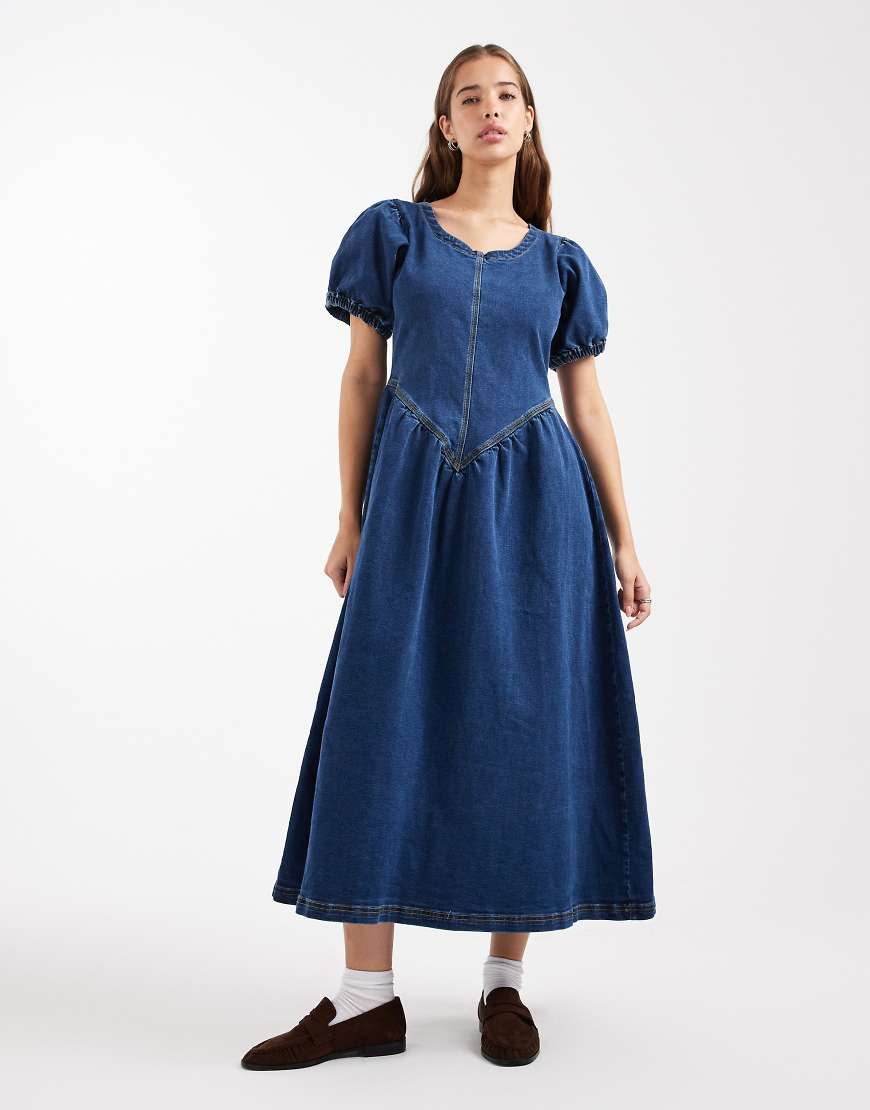 Daisy Street - Maxikleid in Indigo mit Puffärmeln und tiefer Taille-Blau von Daisy Street