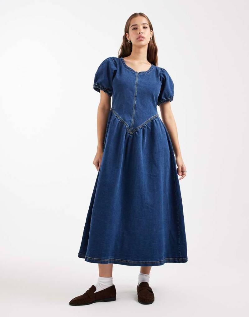 Daisy Street - Maxikleid in Indigo mit Puffärmeln und tiefer Taille-Blau von Daisy Street
