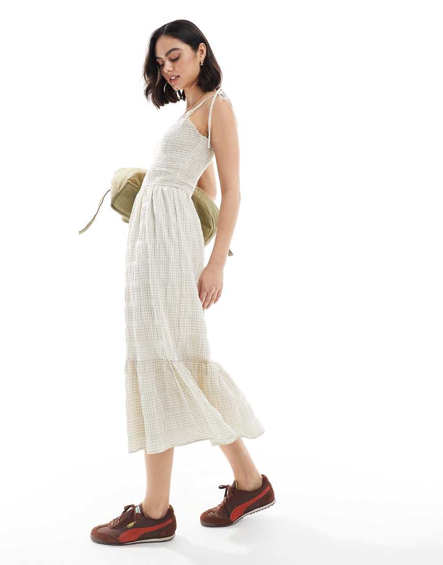Daisy Street - Maxikleid mit beige-weißen Vichy-Karos und gesmoktem Oberteil-Neutral von Daisy Street