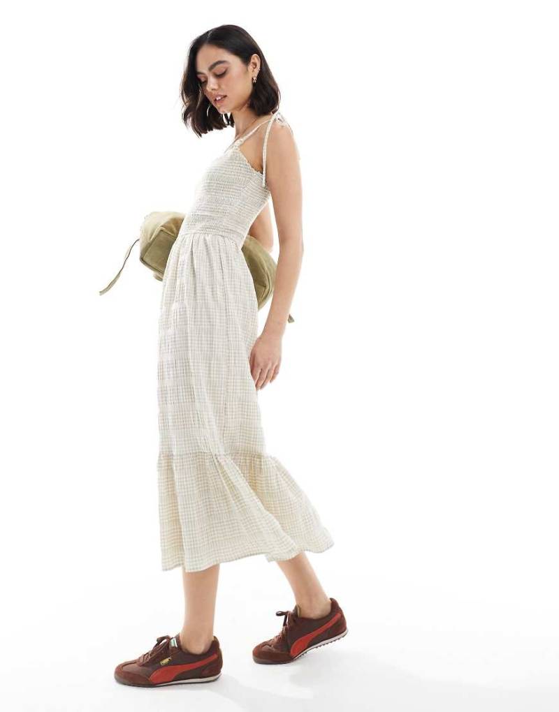 Daisy Street - Maxikleid mit beige-weißen Vichy-Karos und gesmoktem Oberteil-Neutral von Daisy Street