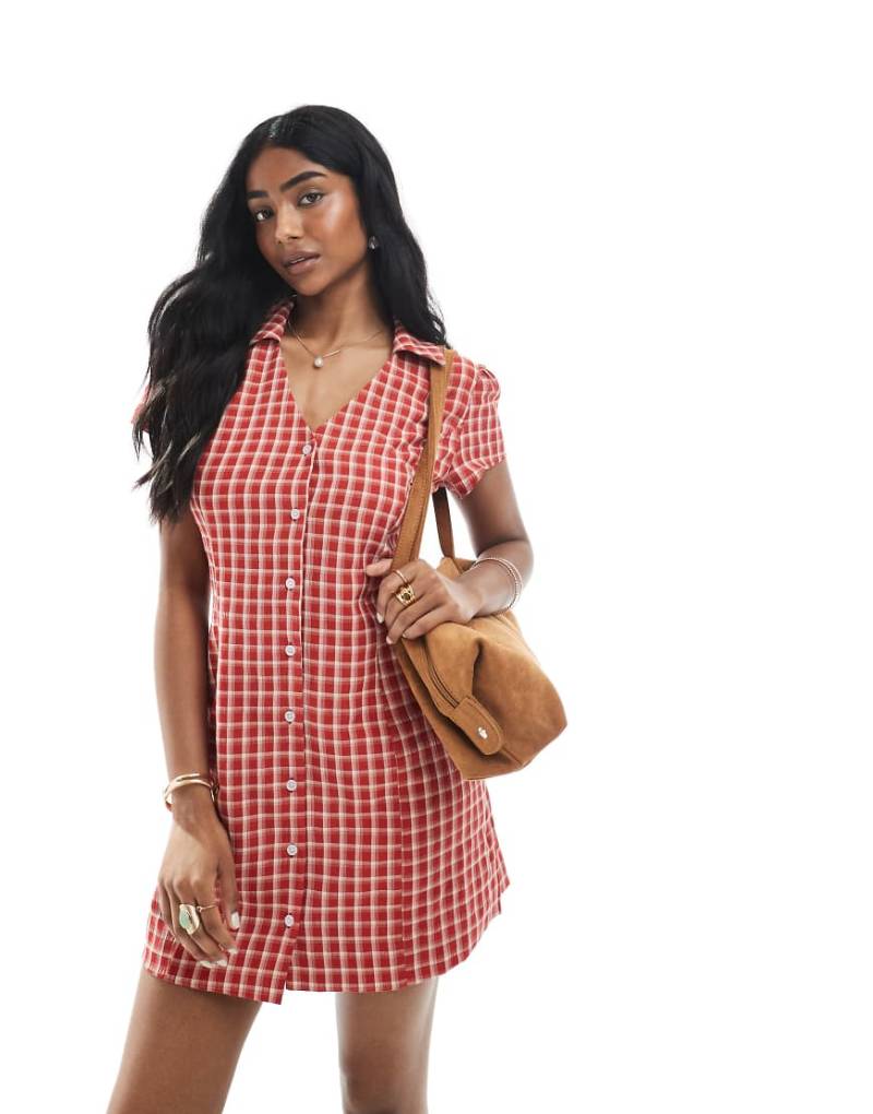 Daisy Street - Mini-Freizeitkleid in Rot kariert mit Struktur und Kragen von Daisy Street