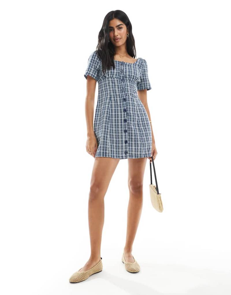 Daisy Street - Minikleid in Blau kariert mit Knopfleiste im Milchmädchen-Stil-Bunt von Daisy Street