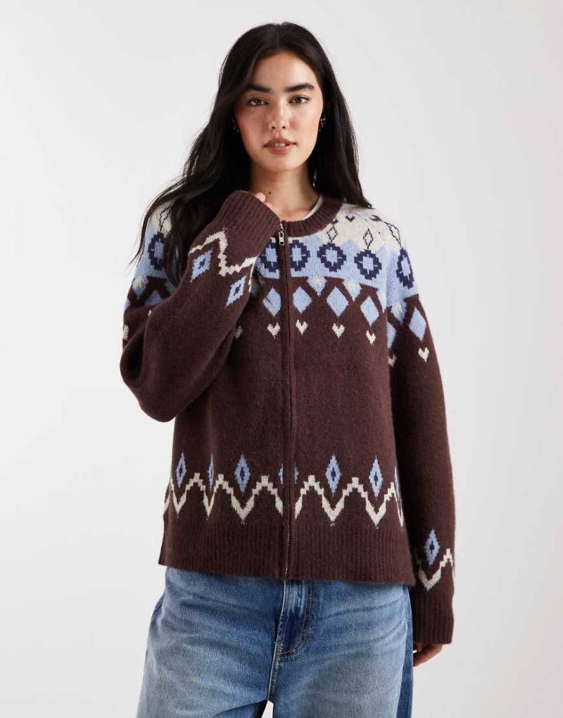 Daisy Street - Pullover in Braun und Blau mit Reißverschluss und Norwegermuster-Brown von Daisy Street