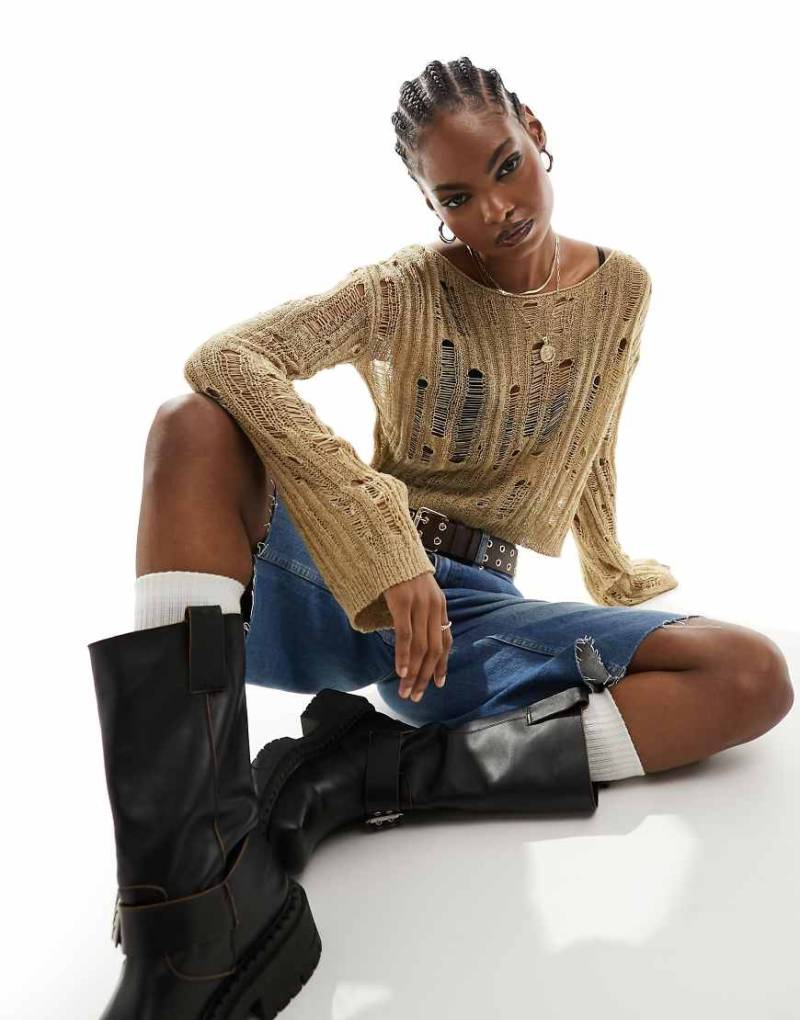 Daisy Street - Schulterfreier Pullover aus durchbrochenem Strick in Beige-Weiß von Daisy Street