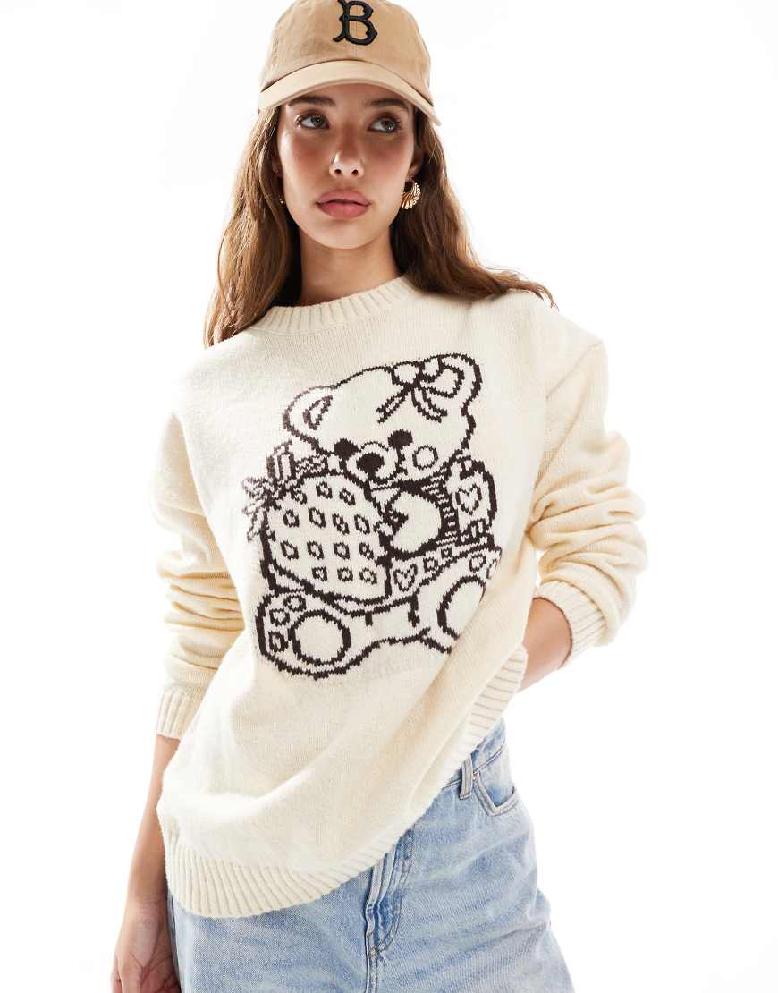 Daisy Street - Strickpullover in Creme mit'süßem Teddybär-Intarsienmotiv-Weiß von Daisy Street
