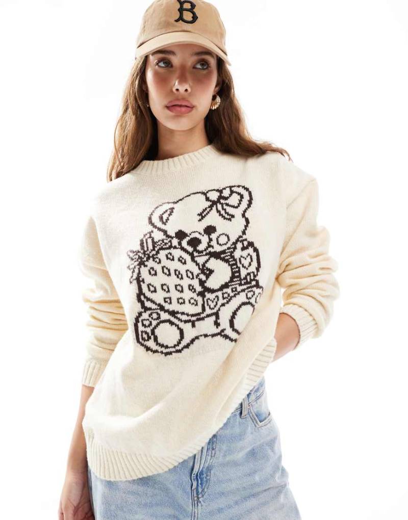 Daisy Street - Strickpullover in Creme mit'süßem Teddybär-Intarsienmotiv-Weiß von Daisy Street