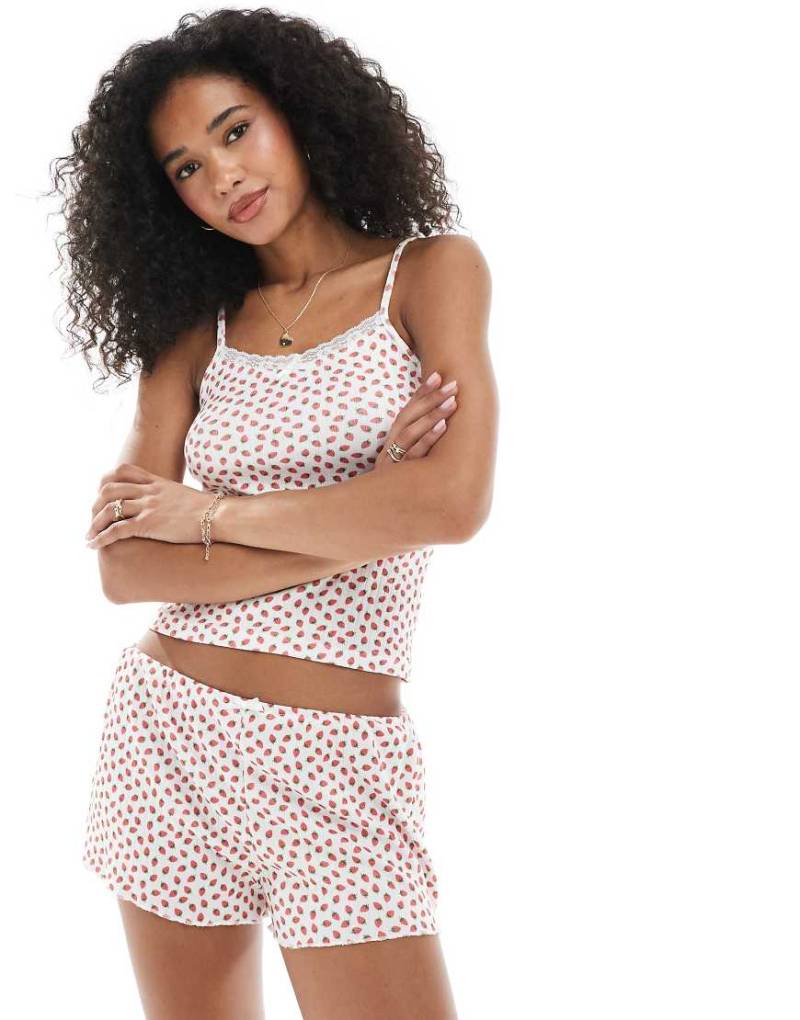 Daisy Street - Trägertop und Shorts aus Pointelle mit Erdbeerprint-Bunt von Daisy Street