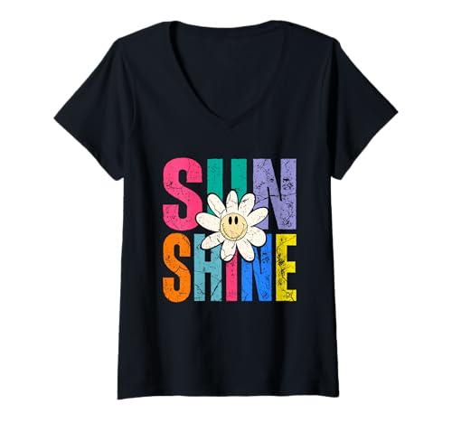 Damen Sunshine – Retro – Summer Vibes – Gänseblümchen T-Shirt mit V-Ausschnitt Damen Sunshine – Retro – Summer Vibes – Gänseblümchen T-Shirt mit V-Ausschnitt von Daisy Sunshine