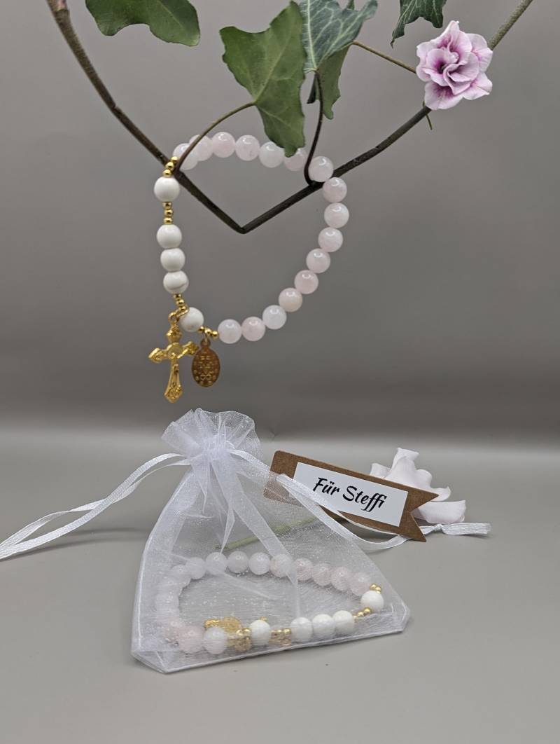 Armband Aus Rosenquarz Perlen - Geschenk Konfirmation Kreuz Handmade Gebet Religion Liebe Schutzstein Glücksbringer von DaisyKreationen