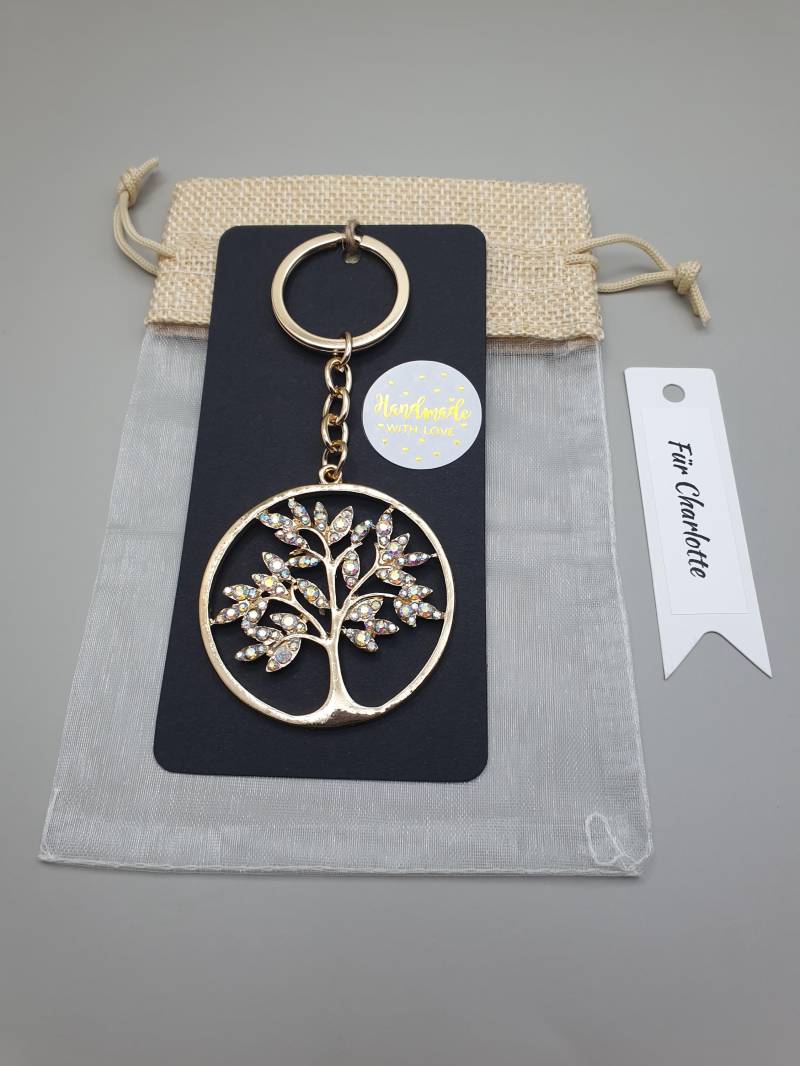 Eleganter Lebensbaum Schlüsselanhänger - Gold, Strass & Geschenkverpackung von DaisyKreationen