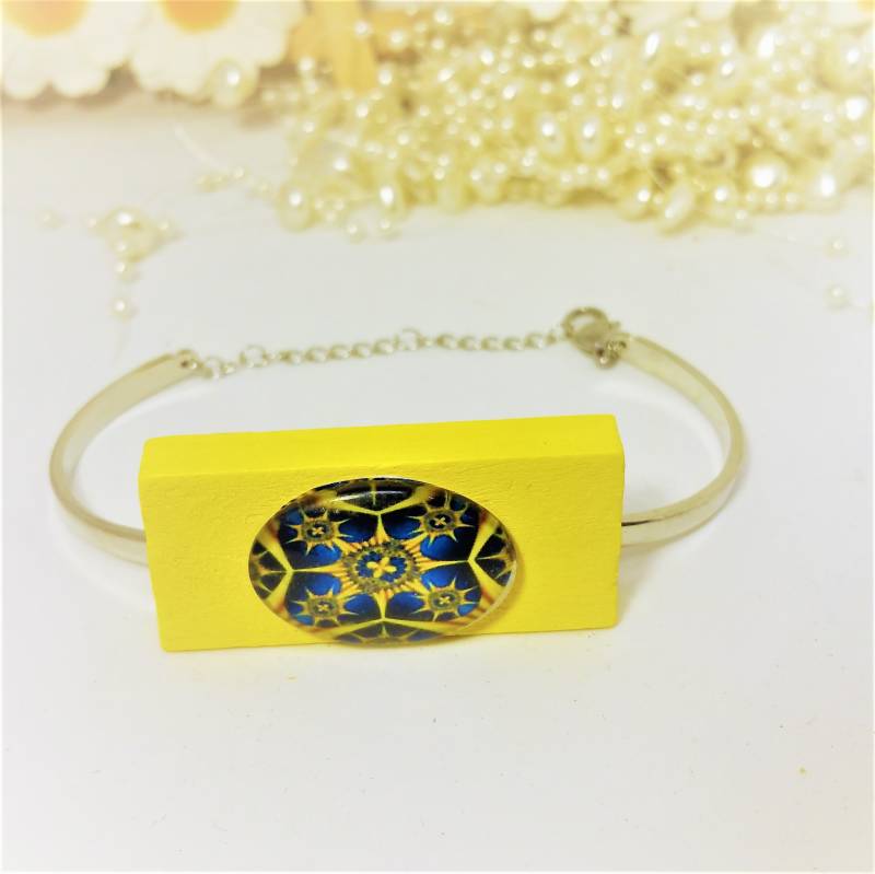 Holz Armband, Armband Aus Holz, Rechteck-Armband, Gelbes Retro-Armband, 5. Jahrestag Fashion Statement von DaisyLinksDesigns